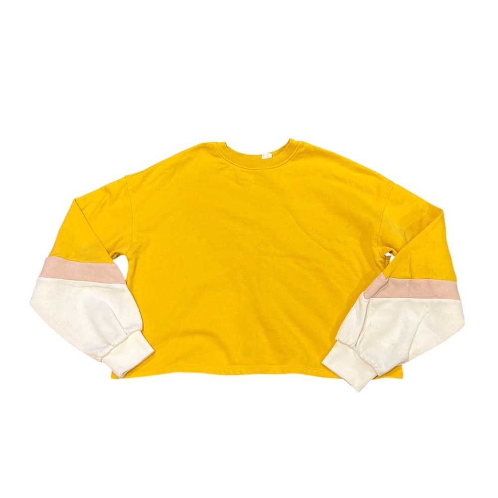Yellow Long Sleeve Crop Sweatshirt with Pink and White Sleeves